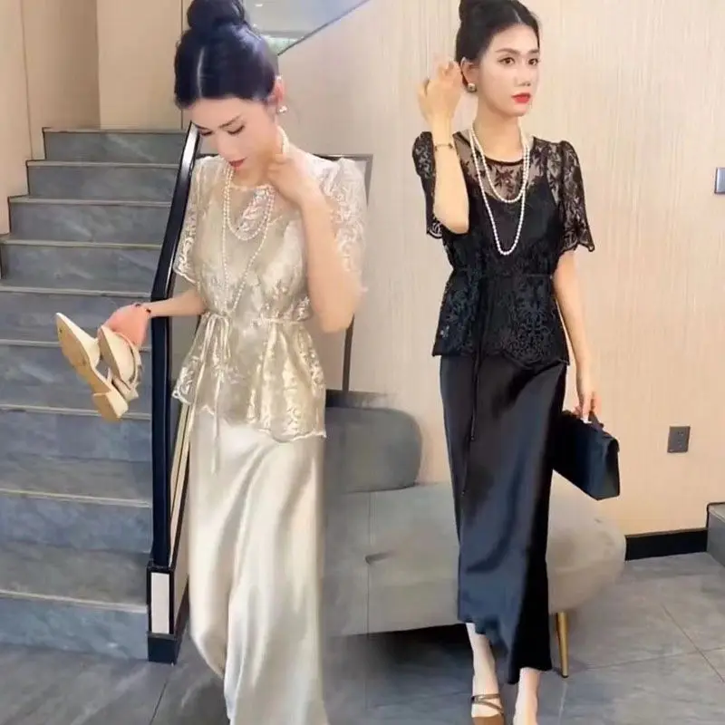 Fashionable Elegant Lace Embroidered Half Sleeve Summer Thin Women's Acid Silk Side Slit Skirt Suit Chinese Mainland ZL896