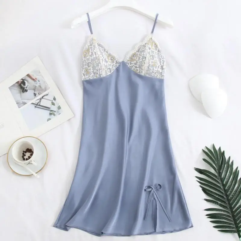 

Sexy Lace Nightgown Women Sleepwear Home Clothing Intimate Lingerie Casual Nightdress Summer New Blue Homewear Nightwear