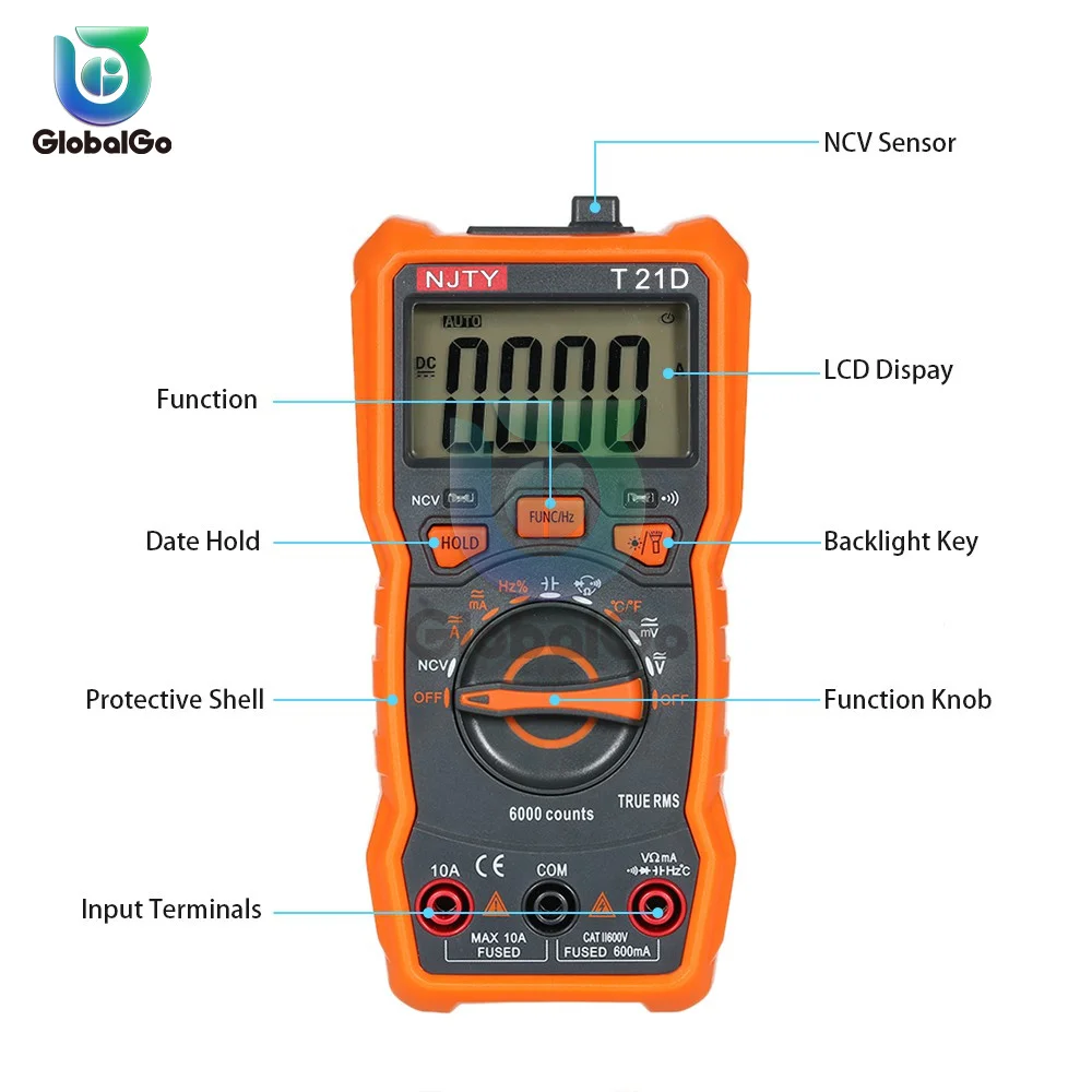 Multimeter Tester 6000 Counts Digital Multimeter Auto Ranging AC/DC Voltage Temperature Measuring Device T21D with Thermocouple