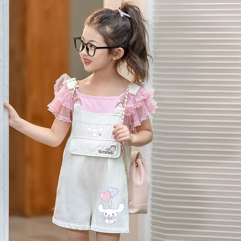 Anime Sanrios Girls Overalls Cinnamoroll Children Bunny Ear Ball Loose Denim Jumpsuit Suspender Pant Jeans Fashionr Kids Clothes