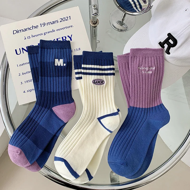 

Trendy socks 3 pairs women mid calf socks combed cotton striped embroidery fashion