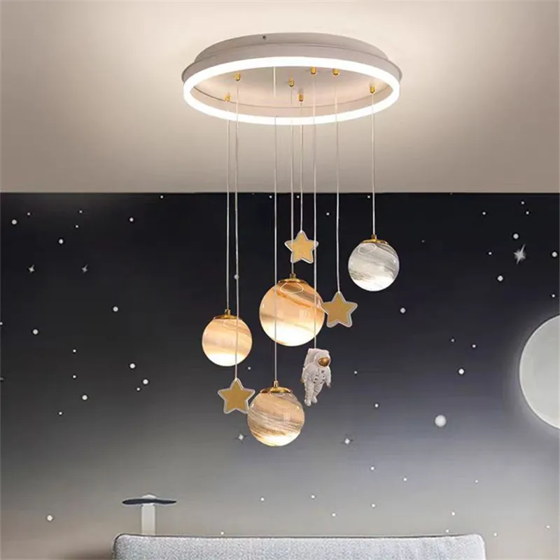 Round kids ceiling Chandelier planet ball spaceman lamp for Children\'s Room Living Room bedroom decor catron Moon stars Lamp