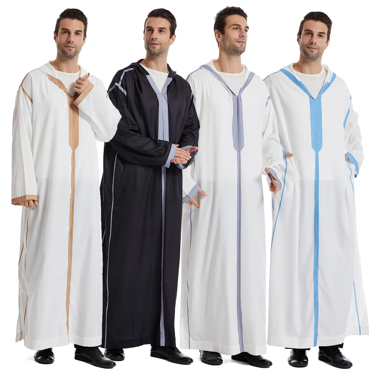 Men Hooded Robe Suit Long Sleeve Patchwork Kaftan Luxury White Dress for Wedding Party