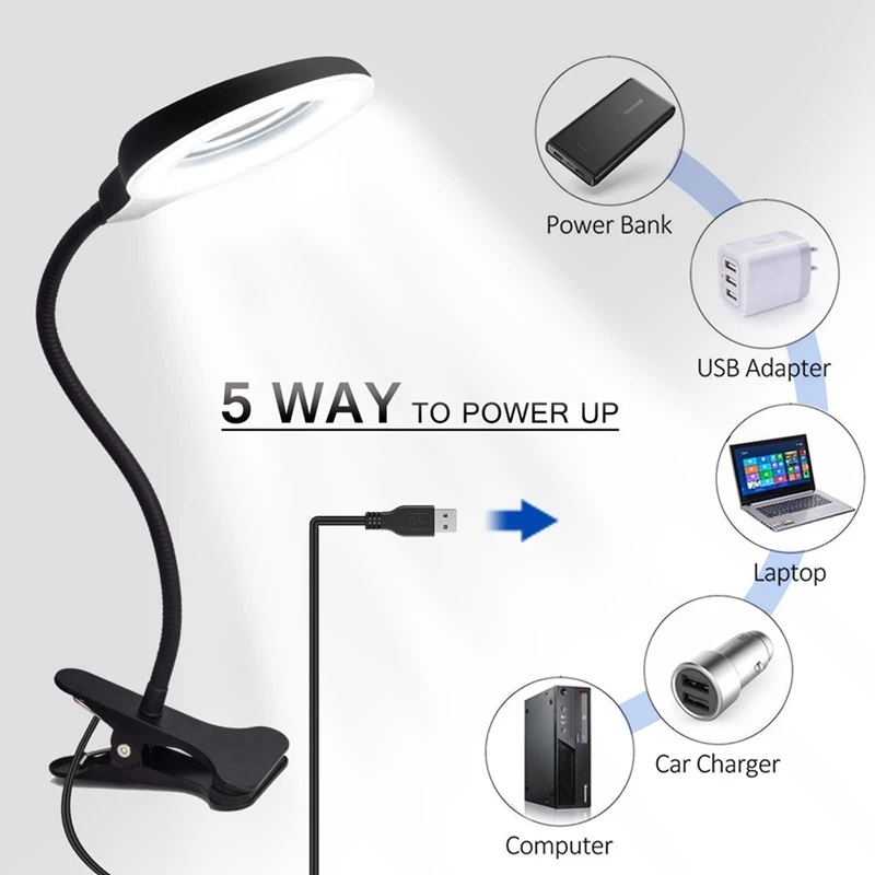 5X Magnifying Lamp With Clamp, USB Powered Hands Free Lighted Magnifying Glass LED Desk Lamp For Diamond Painting Tools