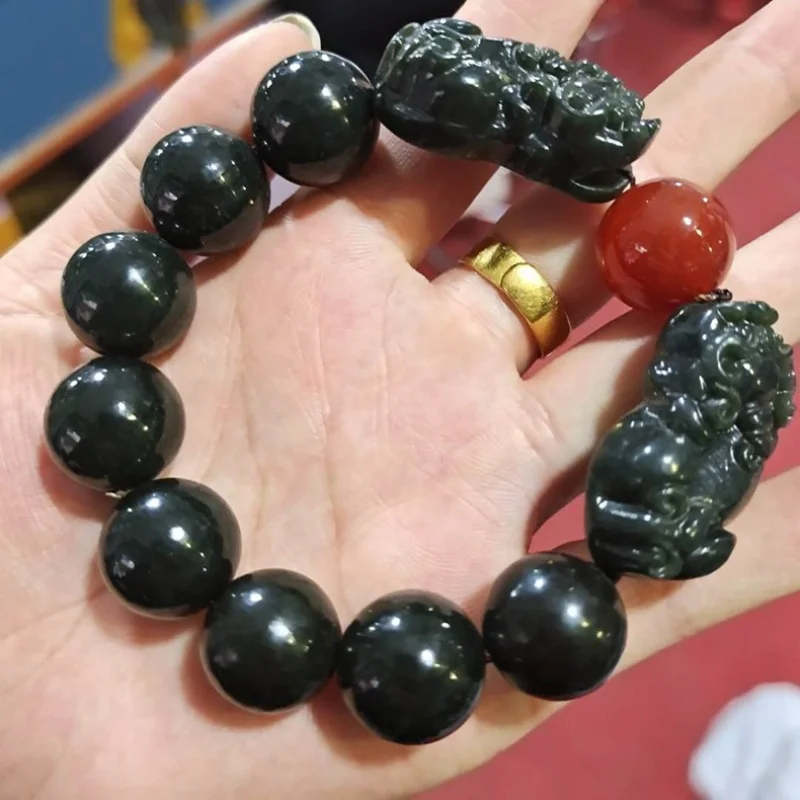 Hotan Green Jade Round Bead Pixiu Bracelet Men and Women