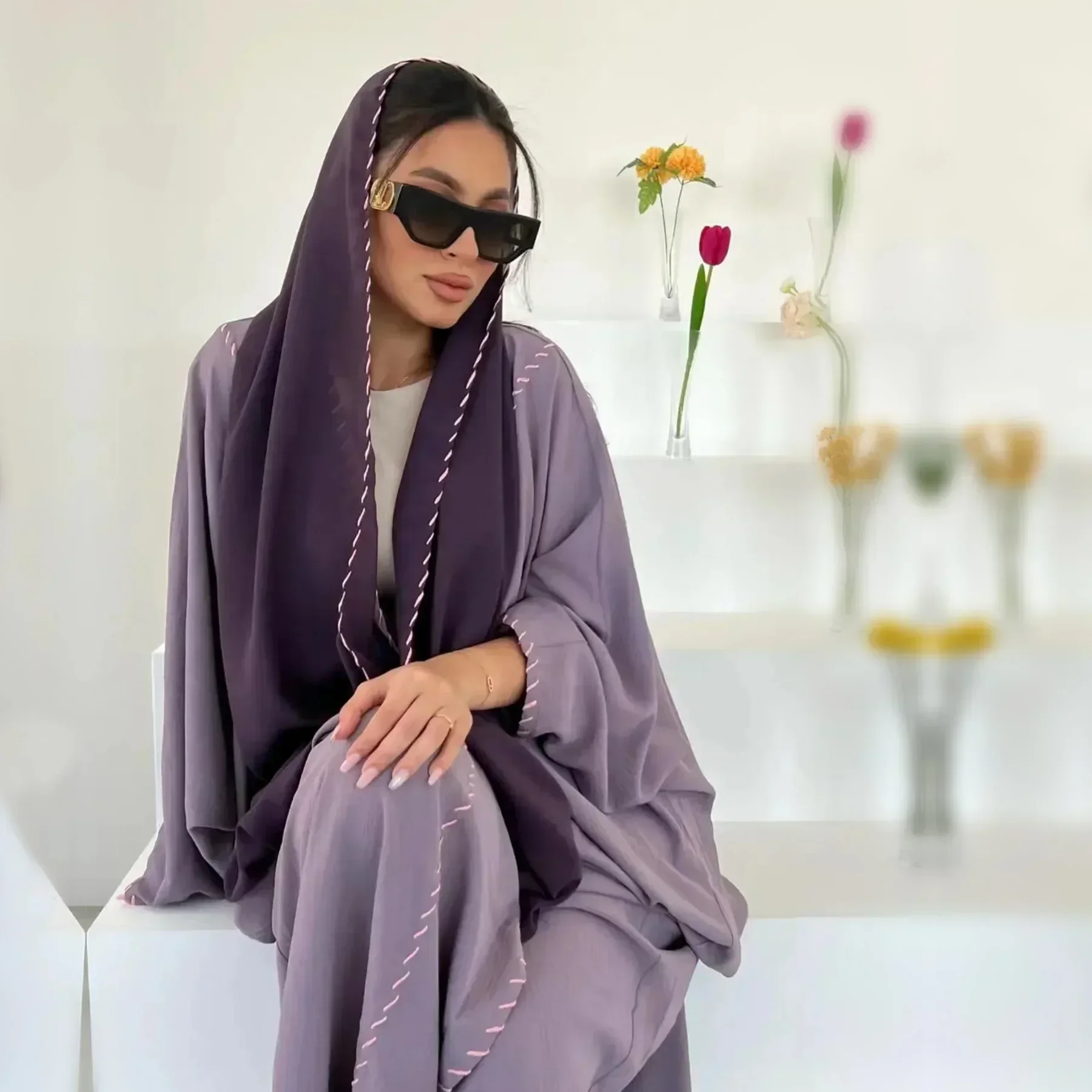 

2 Piece Open Abaya and Hijab Scarf Set Muslim Party Dress Eid Abayas for Women Dubai Luxury Turkey Islamic Modest Clothes Kaftan