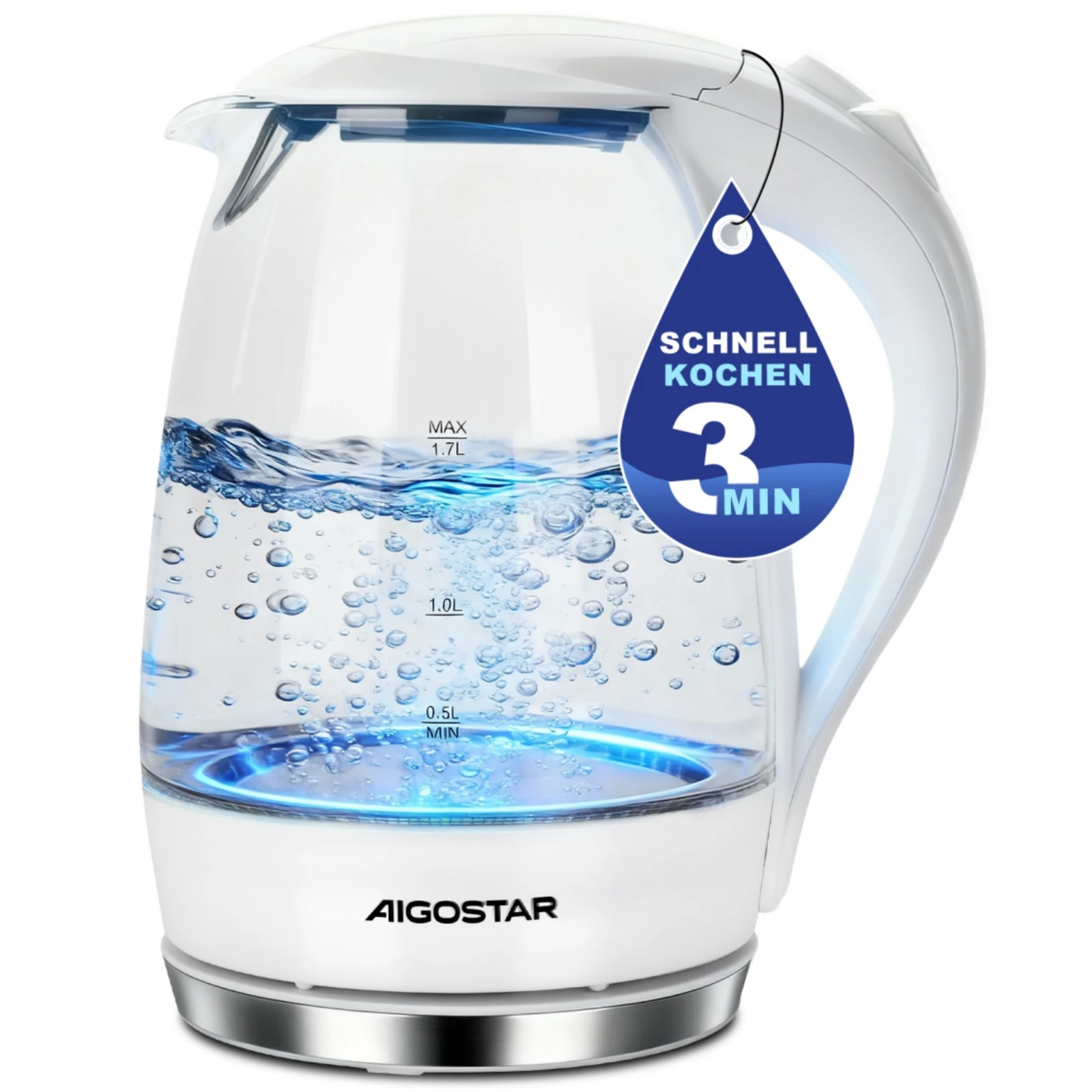 Aigostar Wasserkocher Glas 1,7 Liter Weiß, Glaswasserkocher LED Beleuchtung, Optimierte Ausgusstülle, Kalkfilter, 360° Basis, 2200 Watt, Abschaltautomatik Trockenschutz, Edelstahl Heizelement