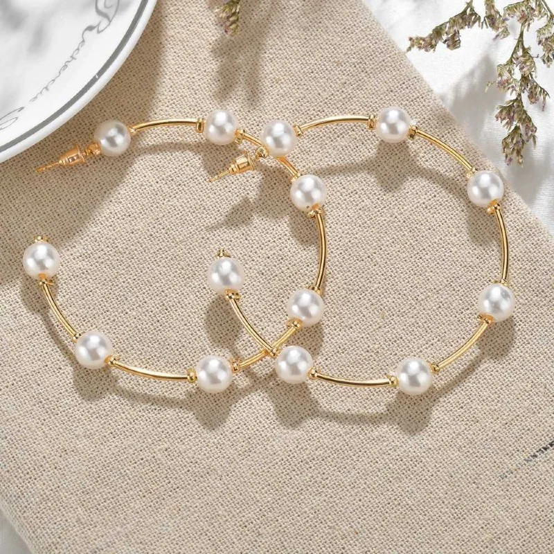 New white boho imitation pearl round circle hoop earrings female gold color big earrings korean jewelry statement earrings