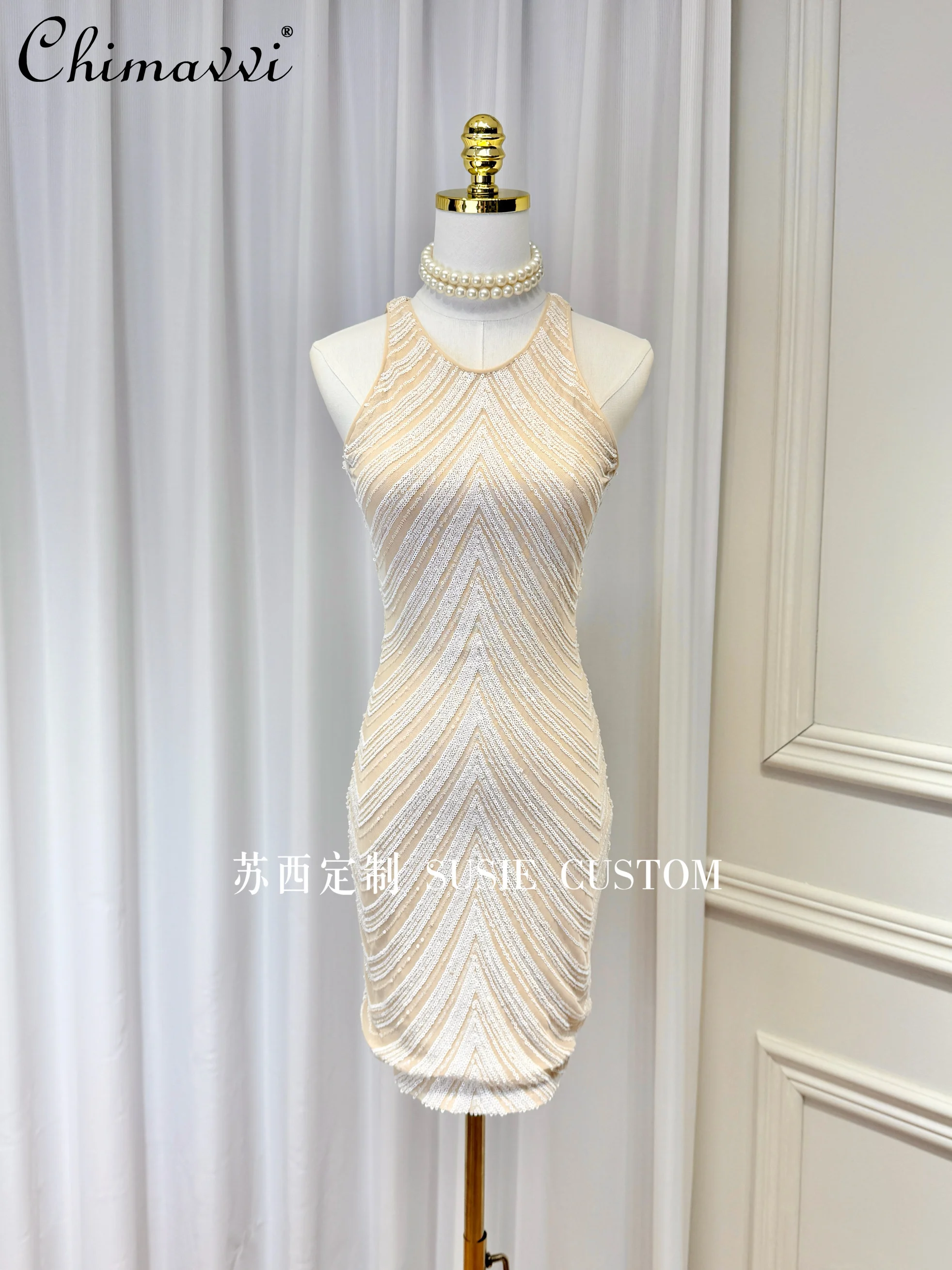 Elegant High-end Heavy Industry Sequined Birthday Party Dress Round Neck Sleeveless High Waist Sexy Bodycon Short Dress Women