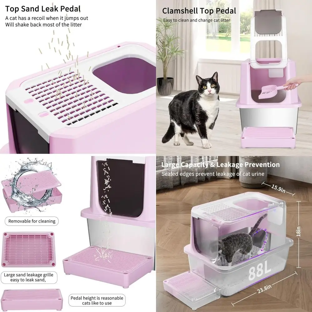

Stainless Steel Semi-Enclosed Cat Litter Box, Deep Pink, Leak-Proof & Odorless, Ideal for Small to Large Cats