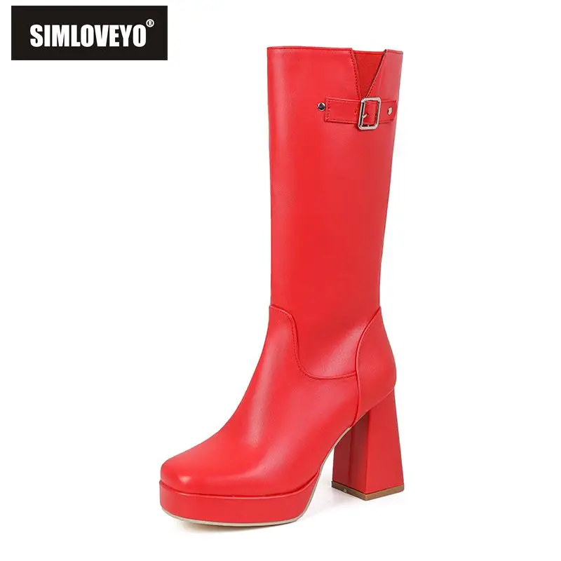 SIMLOVEYO Yellow Women Knee High Boots Round Toe 10cm Block Heel 2.5cm Platform Zipper Belt Buckle Big Size 48 49 50 Dating Bota