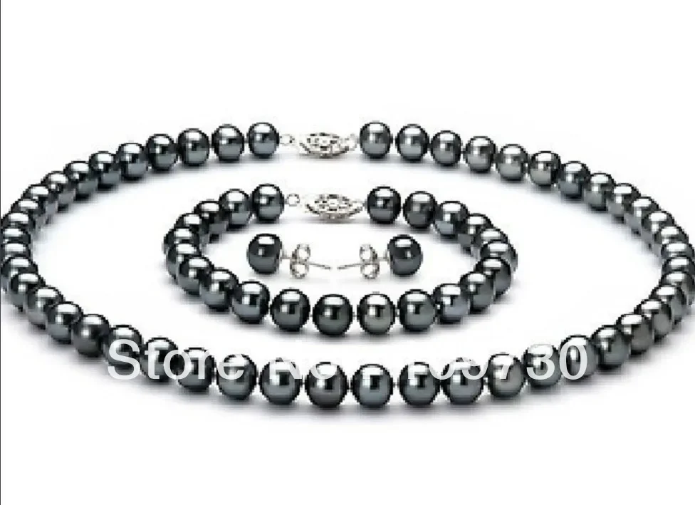 

Jewelry a sets of natural 9-10mm black pearl necklace earring and bracelet