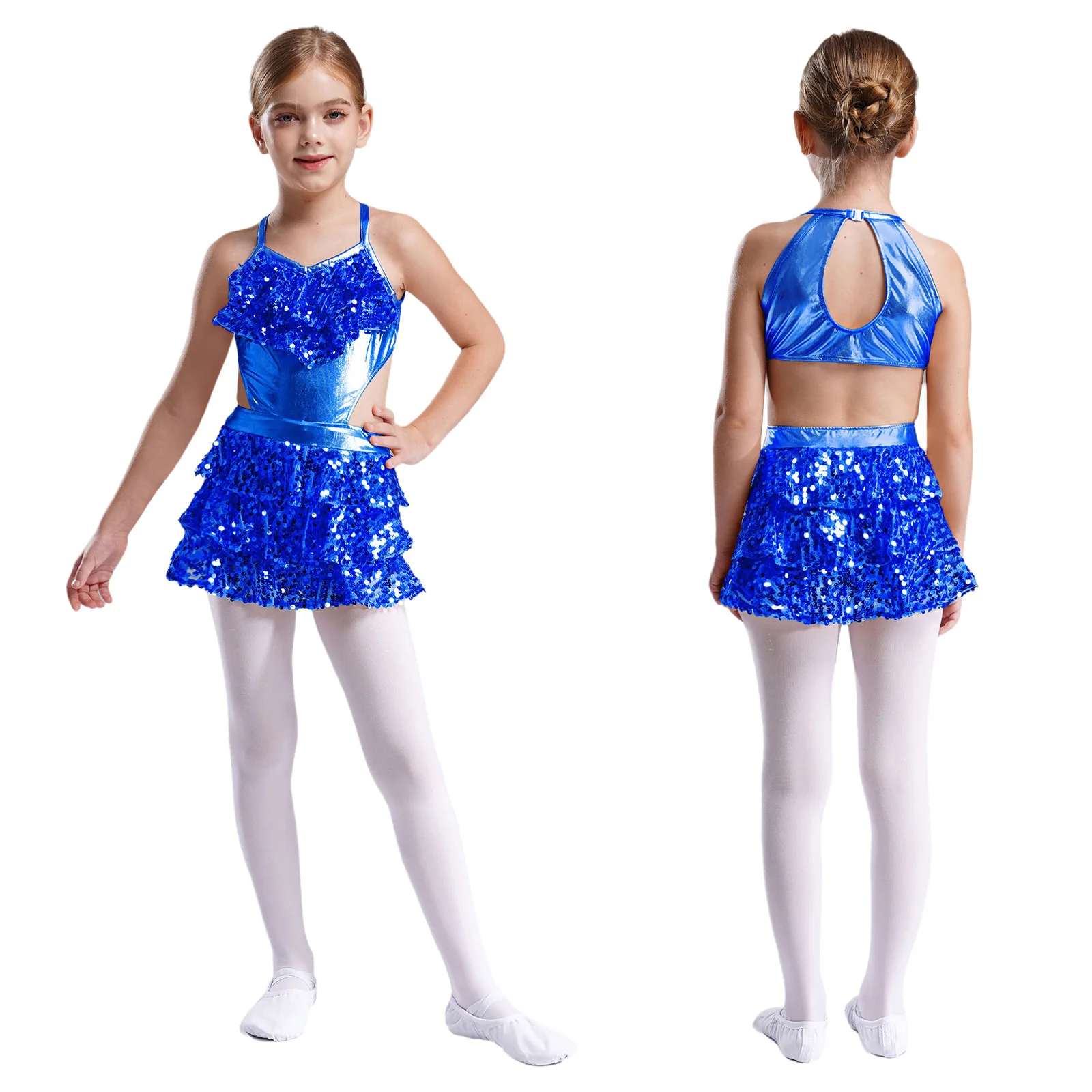 

Kids Girls Metallic Jazz Dress Shiny Sequins Tiered Ruffle Rumba Chacha Ballroom Bodysuits Samba Salsa Tango Jumpsuit Halloween