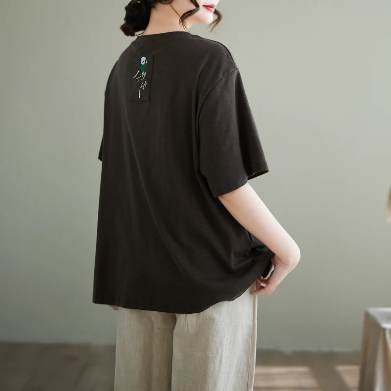 Or Sve – T-shirt d'été en coton de bambou pour femmes, Patchwork artistique Original, rond, haut ample brodé, coupe confortable