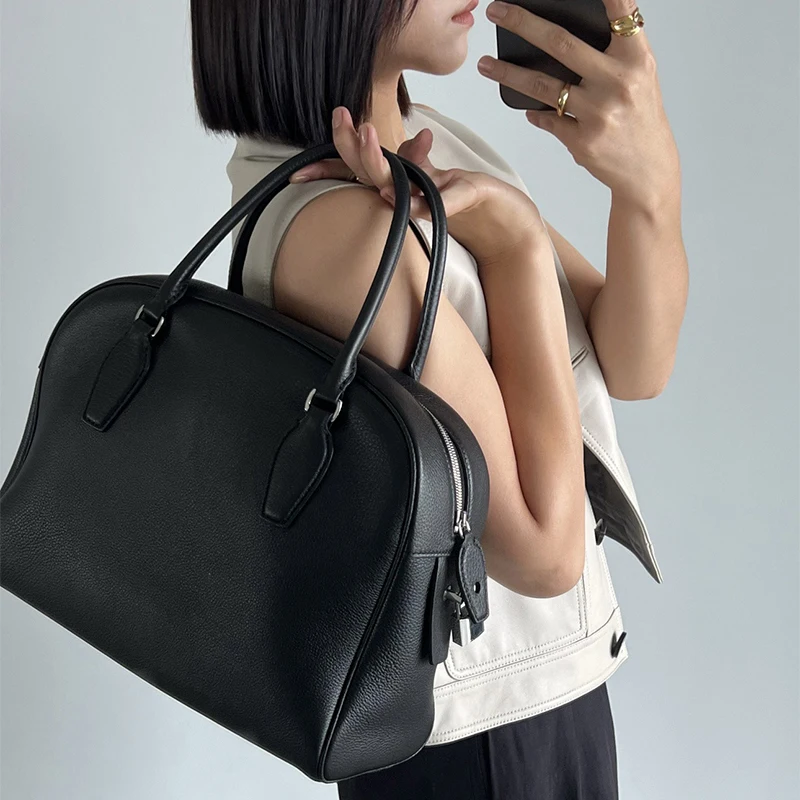 New model Top Layer of Cowhide Large Capacity Bowling Bag Minority market Design Boston Women
