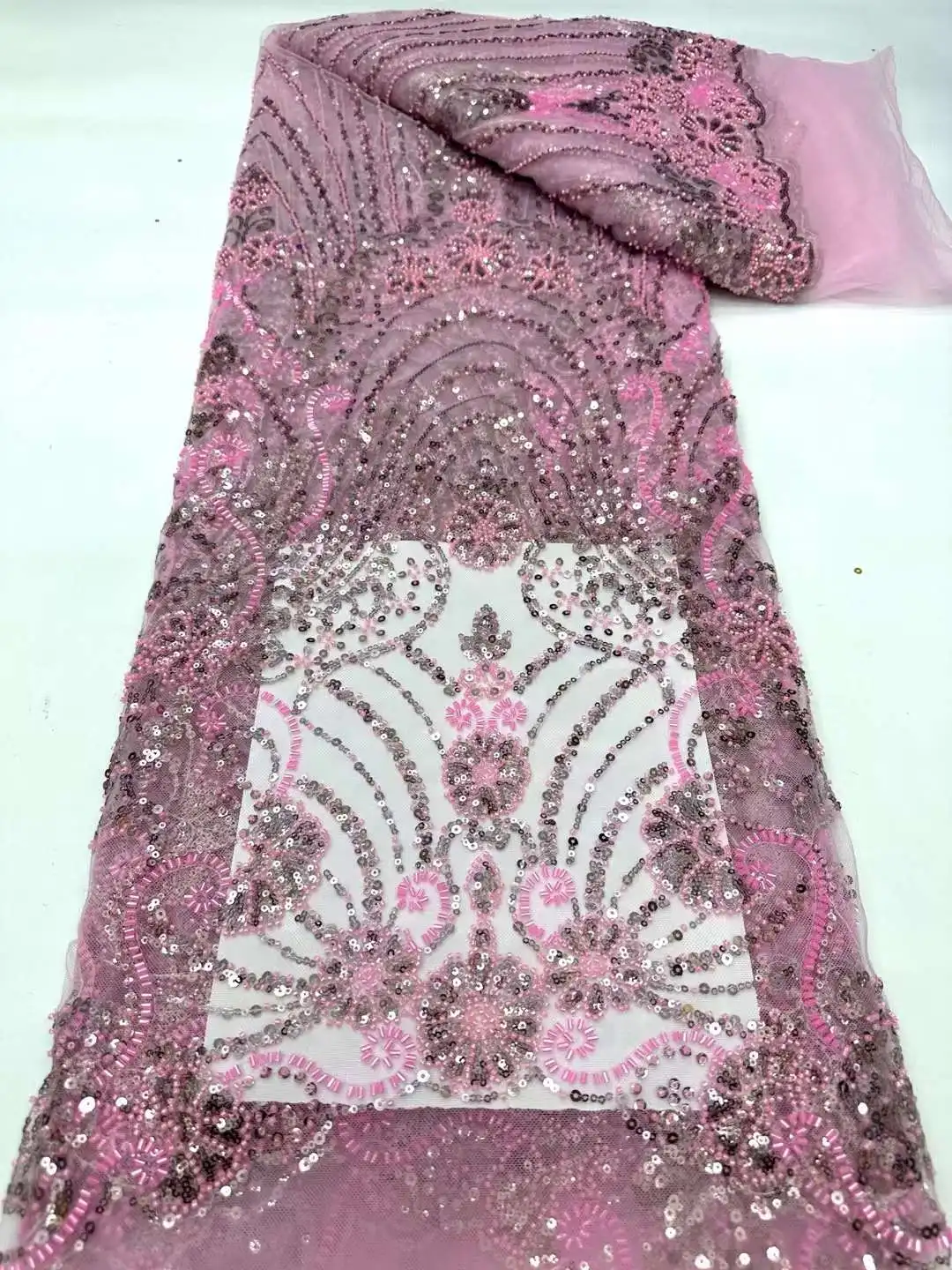 

Latest French Tulle Luxury Beaded Sequin Lace Fabric 5 Yards 2024 High Quality Nigerian African Lace Fabric For Wedding Party