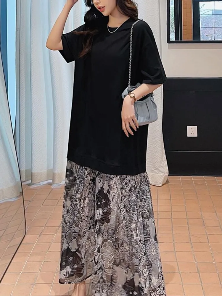 حجم كبير الشيفون الصيف الكورية نمط فستان طويل فضفاض للنساء المرقعة هيم قصيرة الأكمام فساتين السيدات رداء Elbise Vestidos