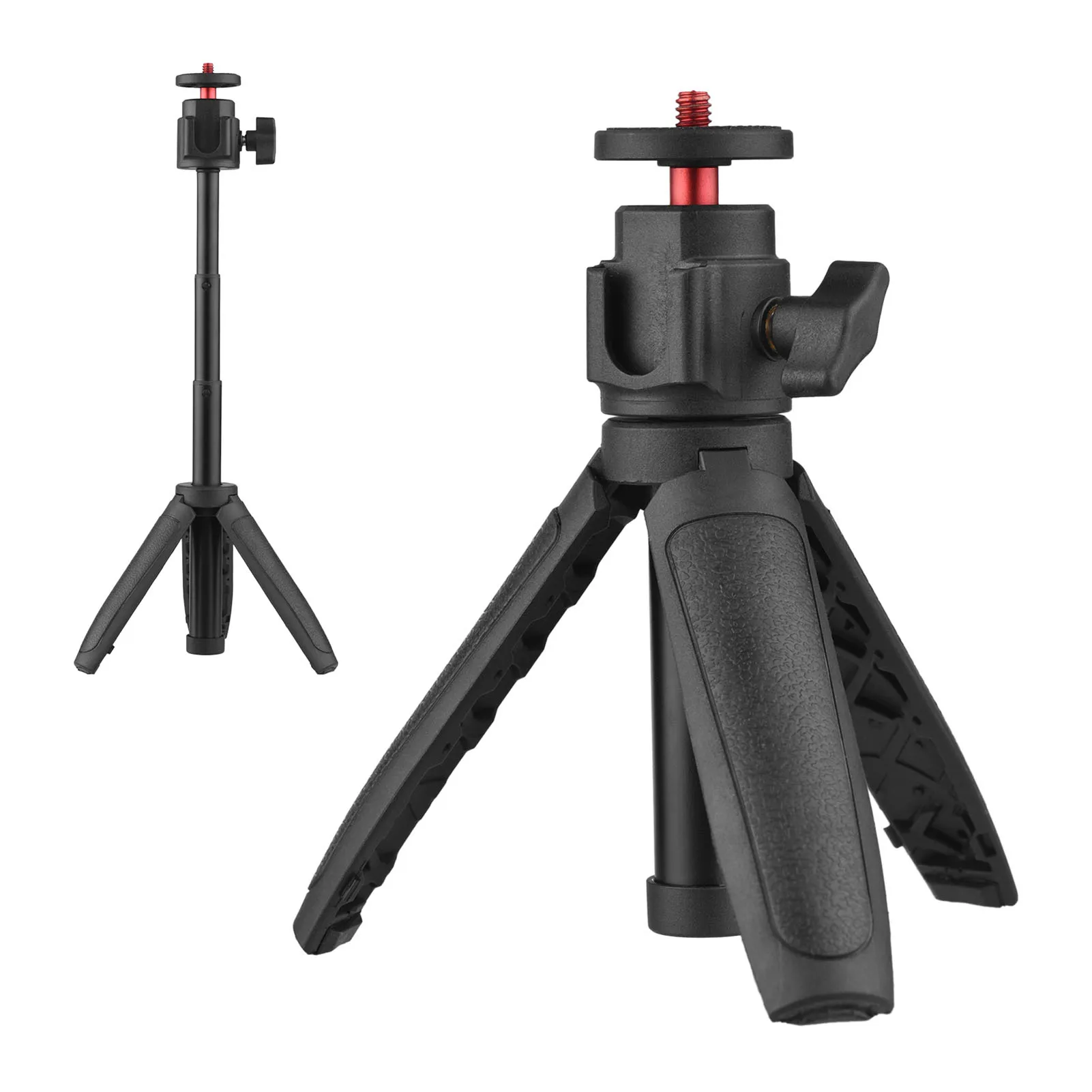 A lightweight and portable mini tripod with an expandable tripod stand and a height-adjustable handle for selfie video recording
