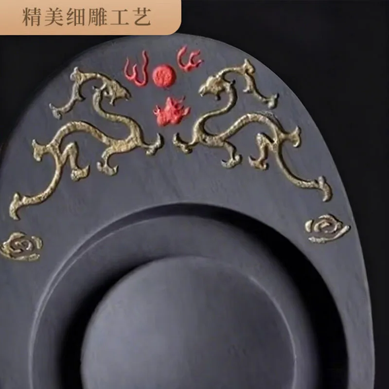 Traditional Chinese Inkstone for Calligraphy and Sumi-e Painting Double Dragon Design with Flake Gold Decoration