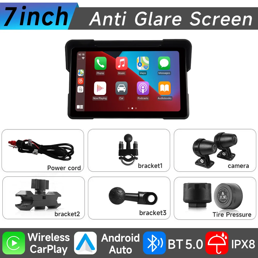 7 "Motorfiets Multimedia Speler GPS Navigatie Recorder Draadloze CarPlay Android Auto IP67 Waterdicht Scherm Bluetooth 2024 Nieuwe