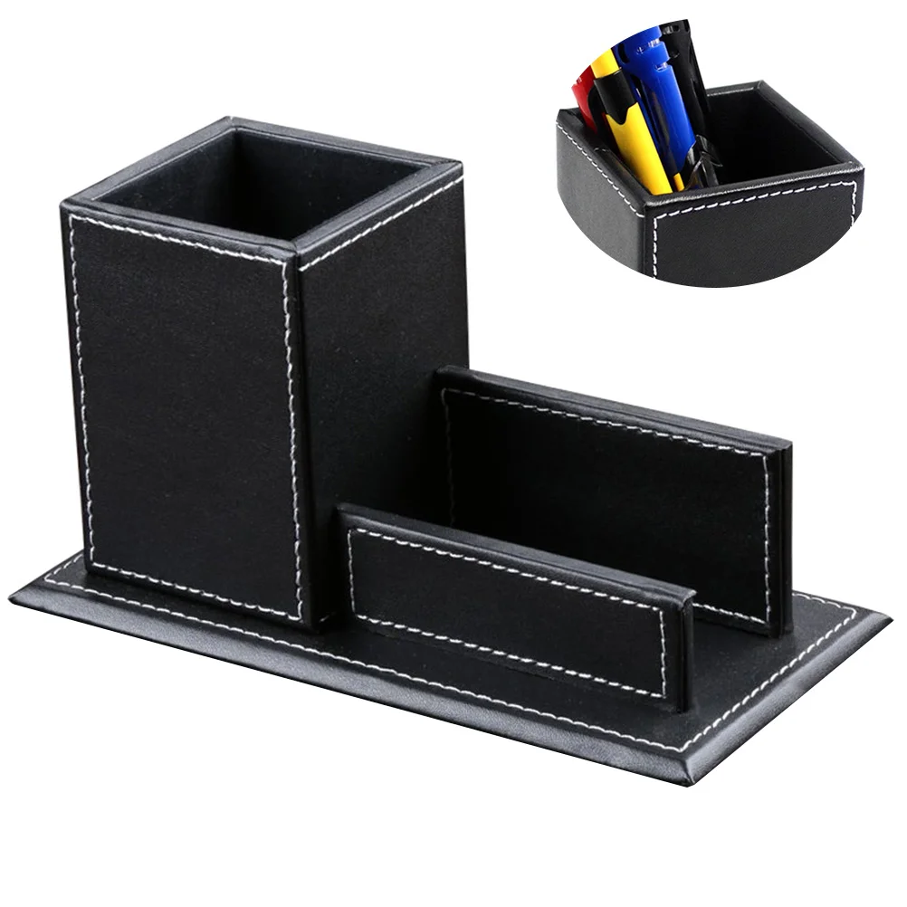 Stylish PU Desktop Organizer Pen Holder for Business Cards and Phone Storage Office Supplies Holder Black