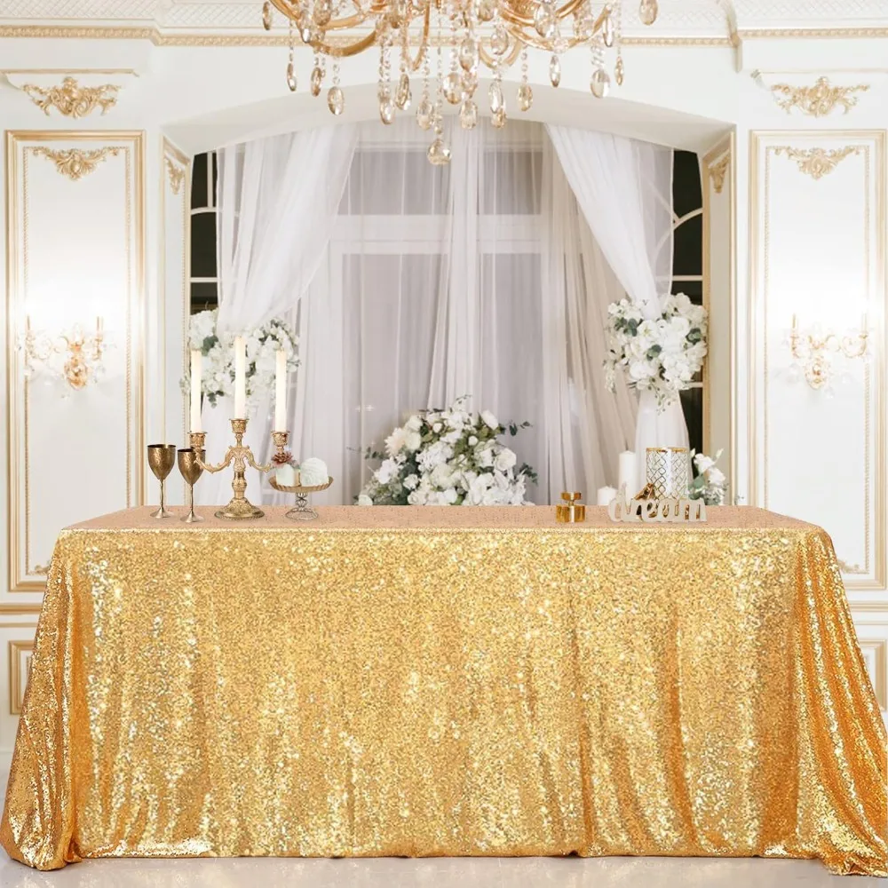 Practical Rectangular Party Sequin Tablecloth Sparkling Solid Color Dinner Table Cover Polyester Table Linen Event