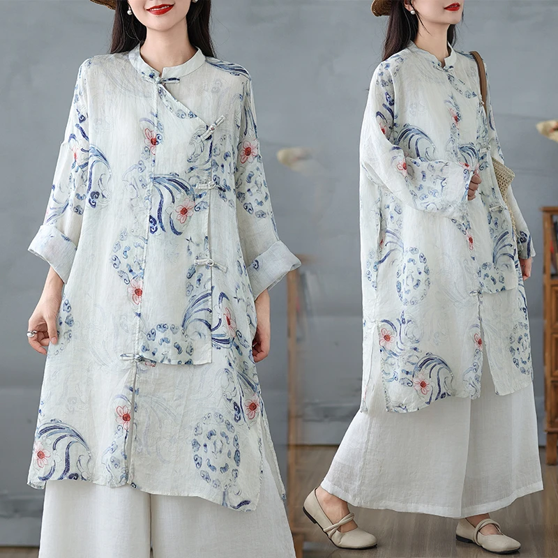 Camisa elegante con estampado de porcelana azul y blanca, ropa exterior informal de manga larga para mujer, abrigo con botones de talla grande para protección solar