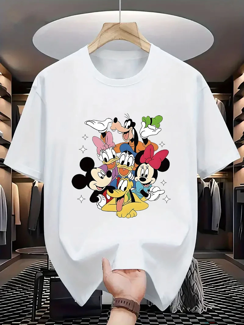 Disney Mickey Minnie Donald Duck in The Same Frame Print Men Round Neck Casual and Comfortable T-shirt Fashionable Streetwear