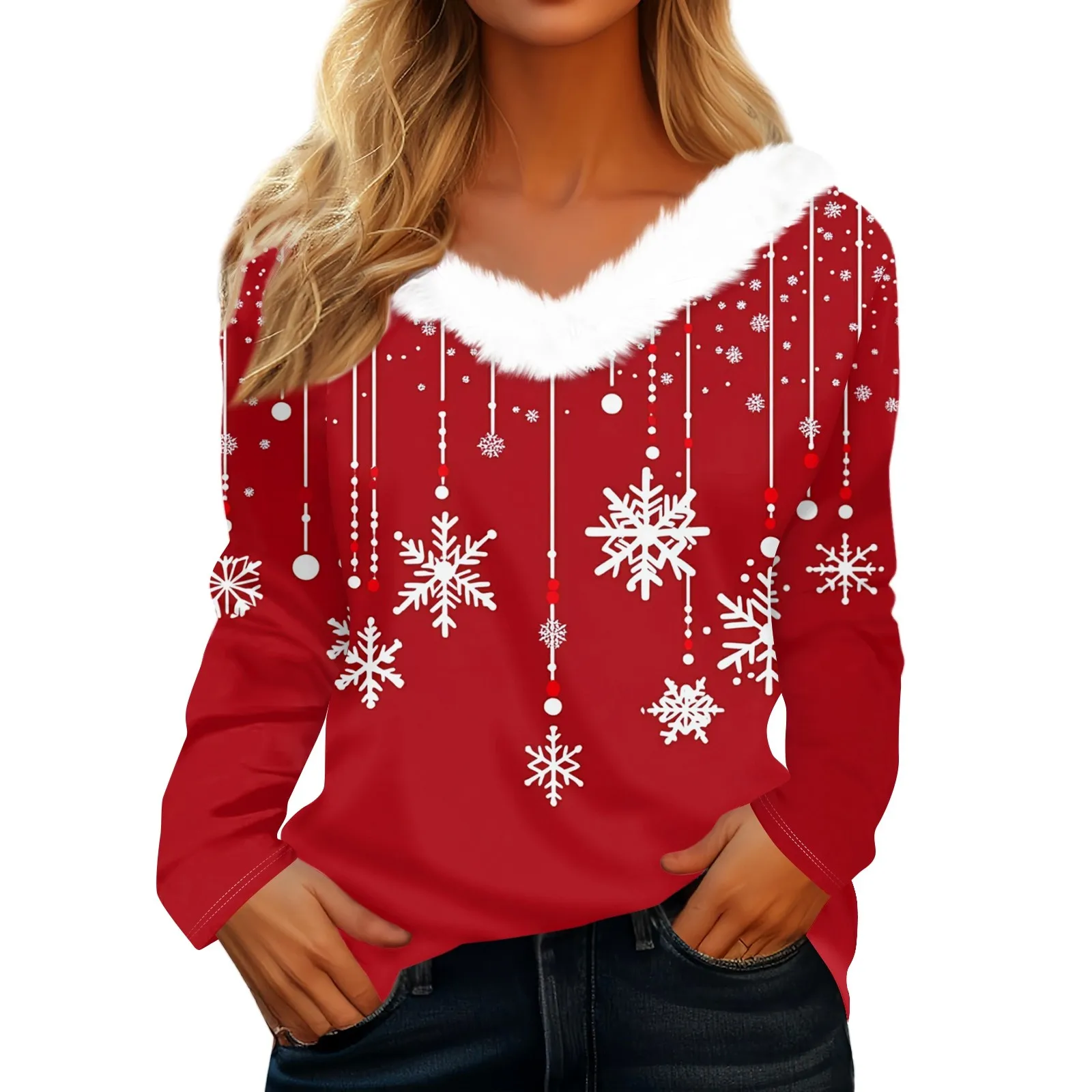 y2k Christmas Snowflake Print Women\'s T-Shirt Long-Sleeve Casual Daily Wear 2024 Women Tops V-Neck Plush ropa de mujer ofertas