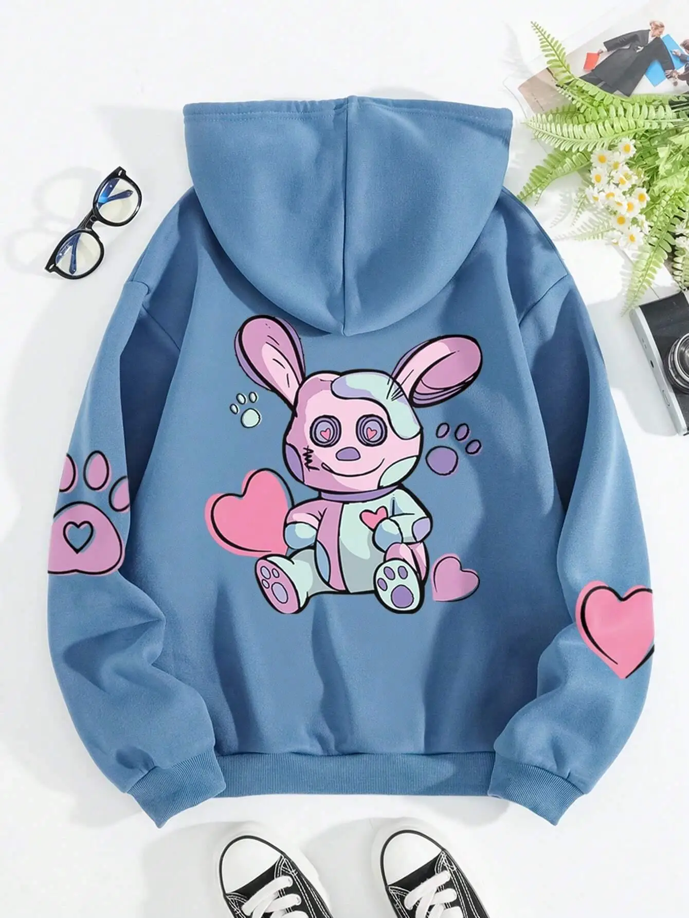 Hip Hop Street  Cute Rabbit Prints Female Sweatshirts Harajuku Fleece Hooded Fashion S-XXL Hoodies Loose Oversize Tops Women