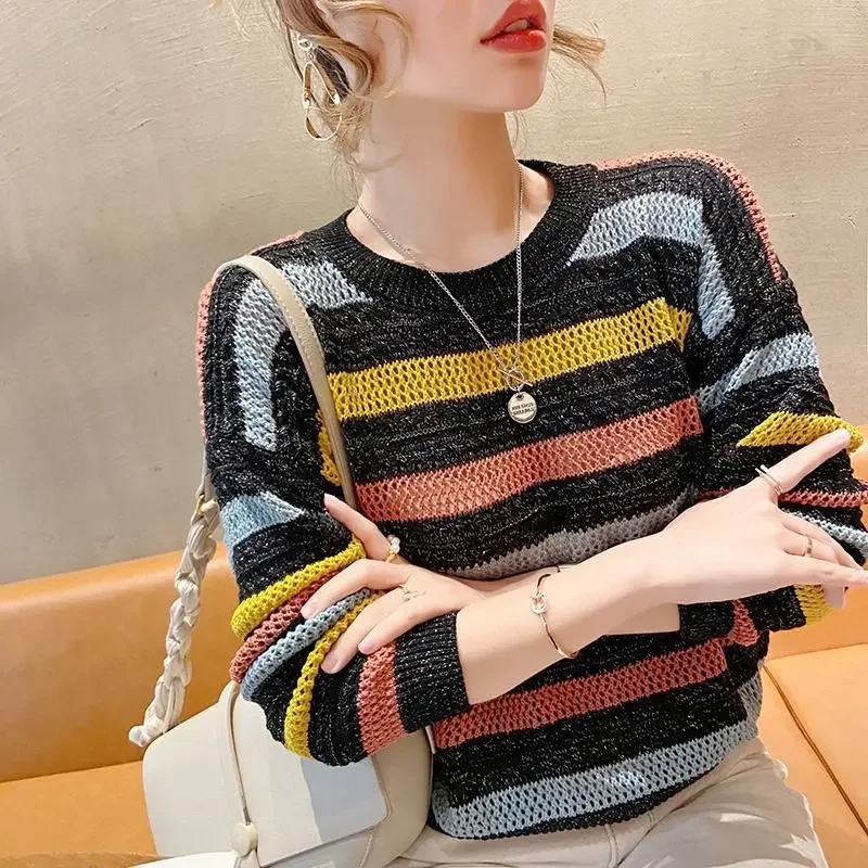 Women\'s Sweater Round O Neck Knit Tops for Woman Blue Mesh Pullovers Y2k Vintage Trend 2024 Korean Luxury Cold Winter Fashion