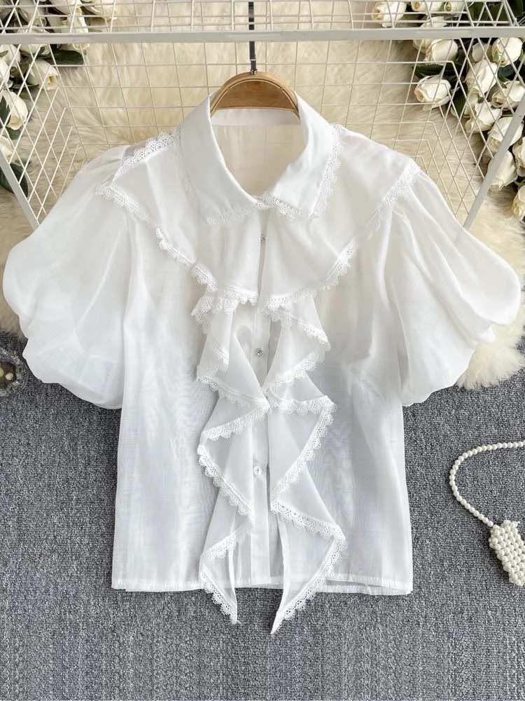 French style Women's short puff sleeve blouse 2024 Summer Ruffles Lace patchwork shirt Turn down collar tops Solid INKEO 4T088