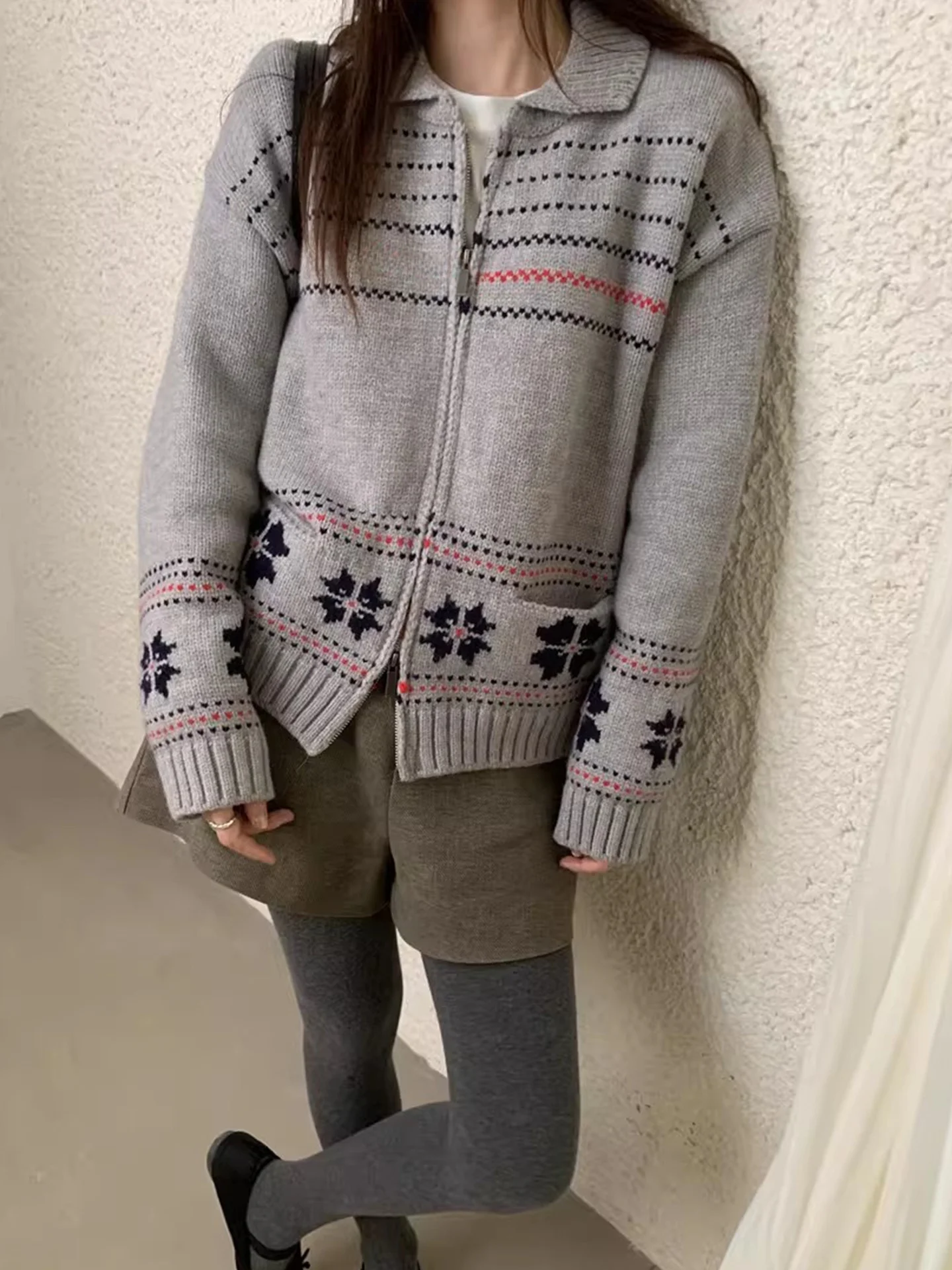 Retro anti-envelhecimento duplo zíper fair isle camisola de malha jaet feminino outono inverno turn-down colarinho ket aberto cardigan topo
