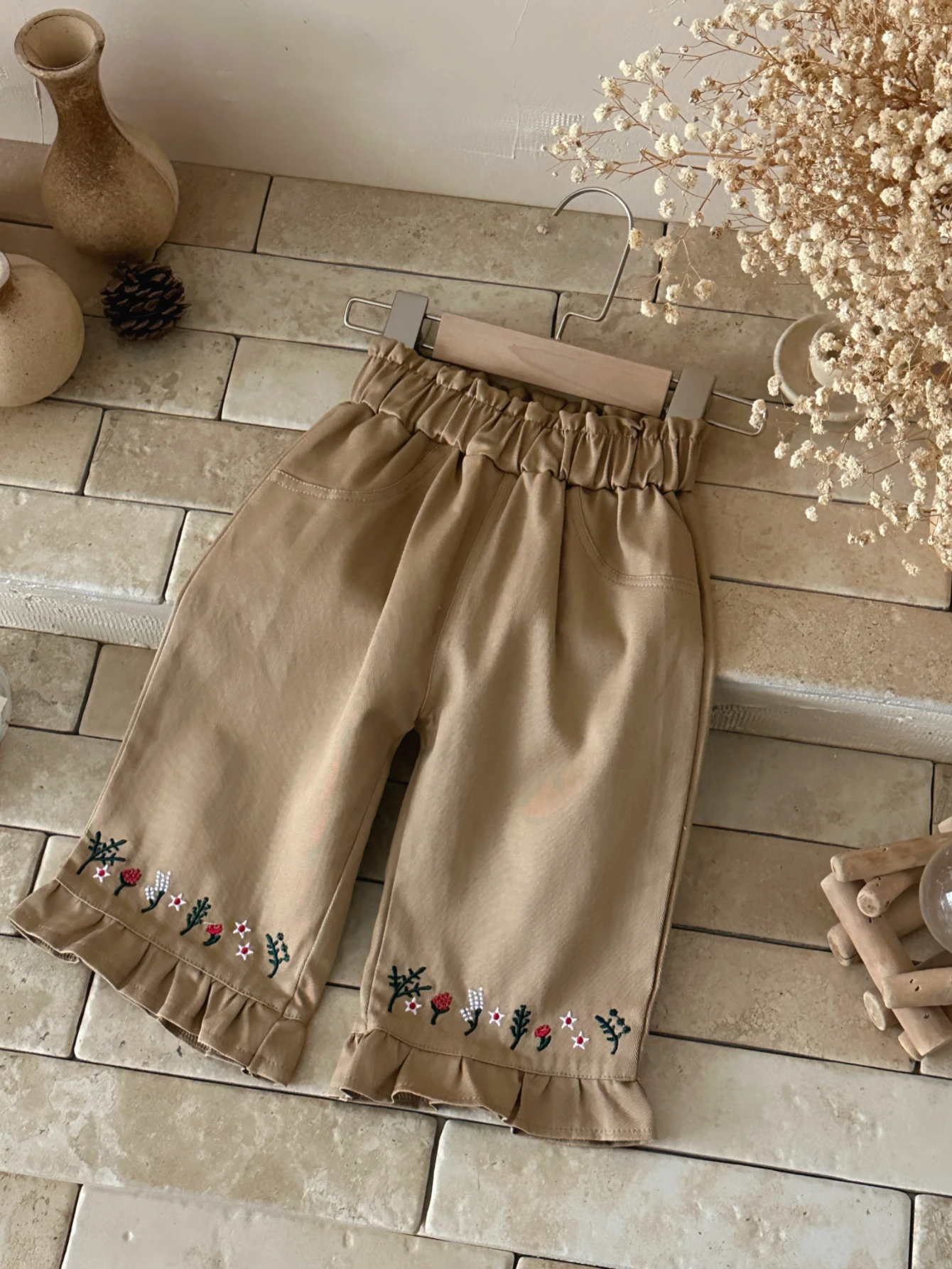 Spring Baby Sweet Embroidered Trousers Infant Gathered Waist Side Pockets Delicate Floral Embroidery Ruffle Pants