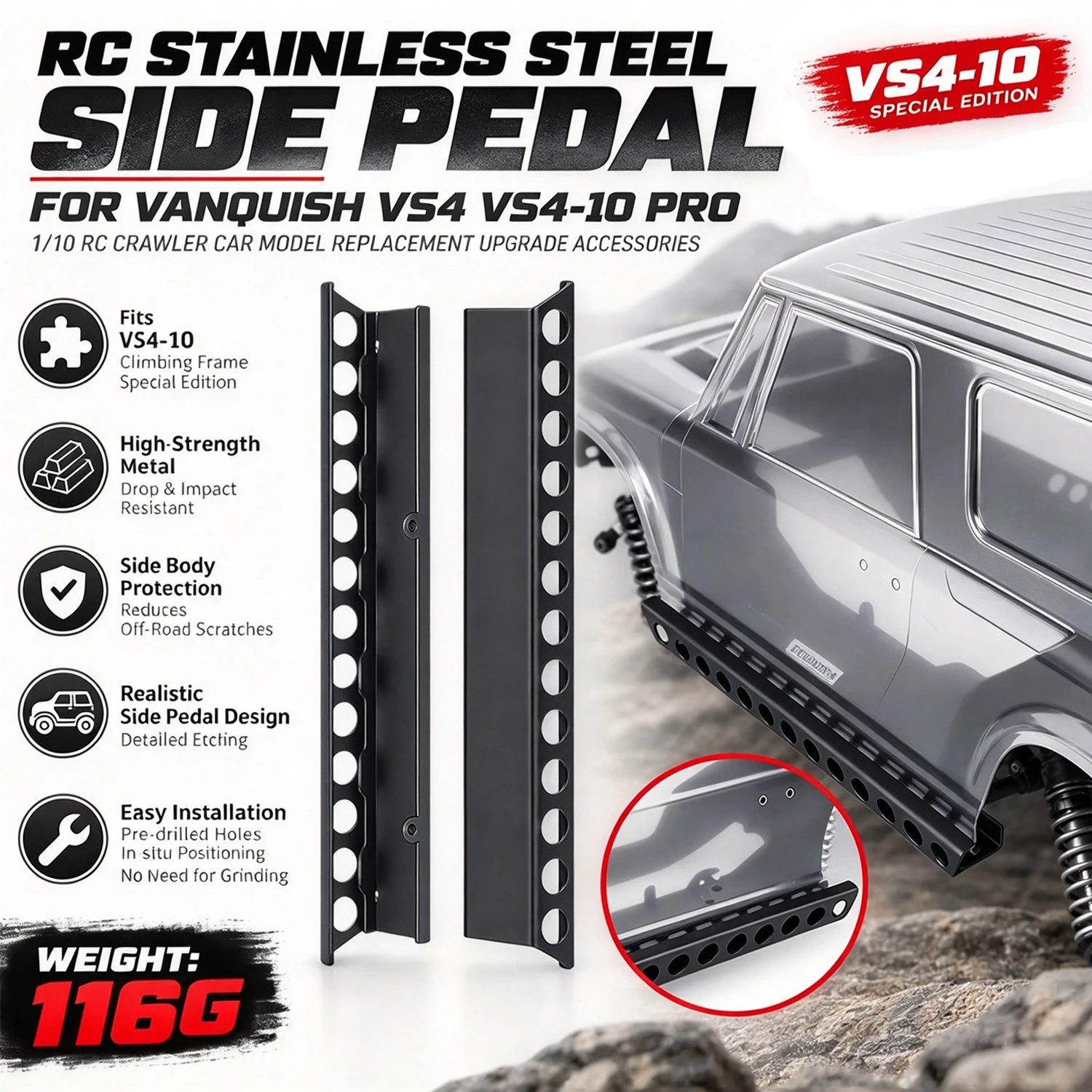 RC Stainless Steel Side Pedal Left Right Pair for Vanquish VS4 VS4-10 PRO 1/10 RC Crawler Car Replacement Upgrade Accessories