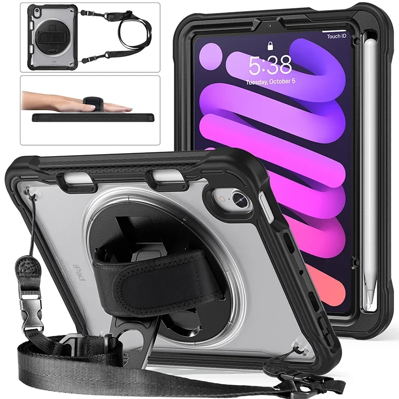 Case For iPad Mini 6 7 8.3 2021 2024 Tablet Case Kickstand Holder Hand Shoulder Strap 360 Rotation Anti-fall Protective Cover