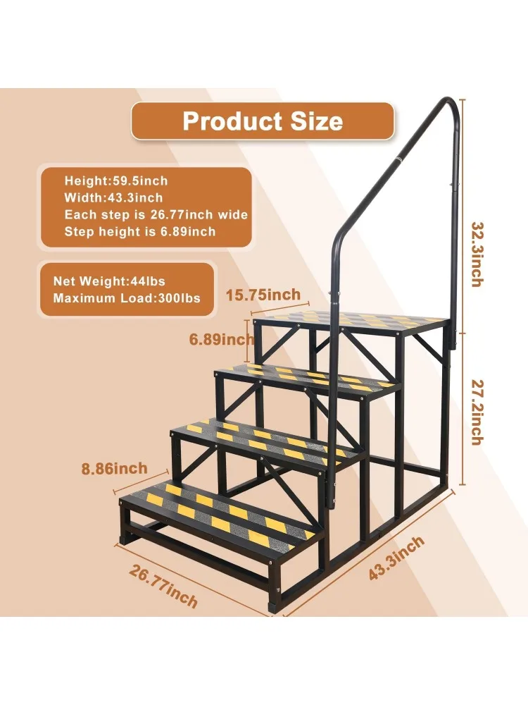 4 Step RV Stairs Hot Tub Steps Outdoor Spa Step Ladder with Handrail Portable Economy Wheel Stair for Travel Trailer Motor Home