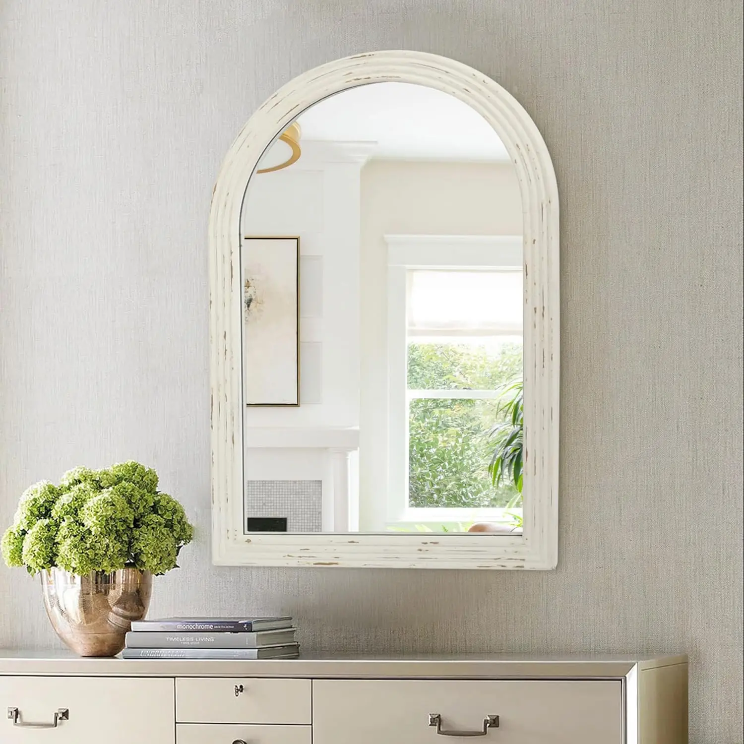 

Rustic White Distressed Arched Wall Mirror, Farmhouse Wooden Decorative Large Mirror for Bathroom Living Room Entryway
