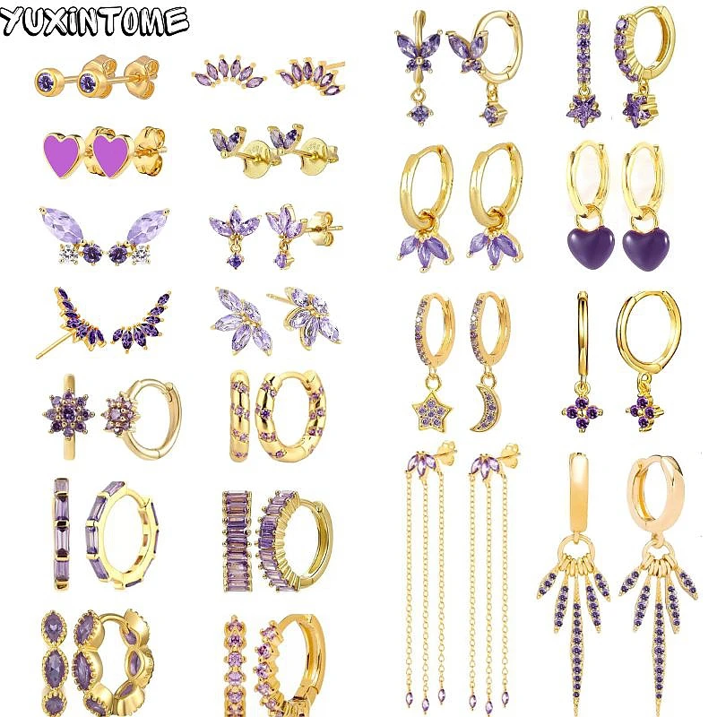 Pendientes de aro de Plata de Ley 925 para mujer, aretes de cristal de circonita, aguja de oro púrpura, delicados, colgantes de corazón, joyería de