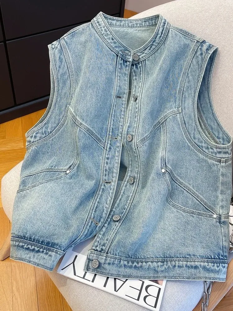 

Stylish Loose Women's Denim Vest Spring Summer Lightweight Warm Casual Fashion Stand Collar Blue Jeans Jacket Outerwear