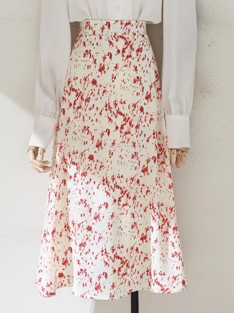 핑크 플로럴 프린트 하이웨이스트 A라인 미디 스커트 여성 여름 신상 슬레 길이 스커트 출퇴근 예술적 슬레 미디 스커트