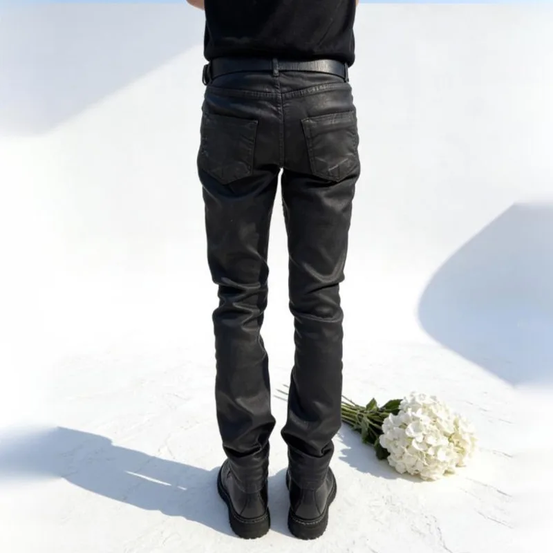 HKSH Spring New Men Tide RO Style Dark Coated Waxed Denim Pants Slim-fit Stretch Skinny Jeans High Street Punk Chic Ins HK22319