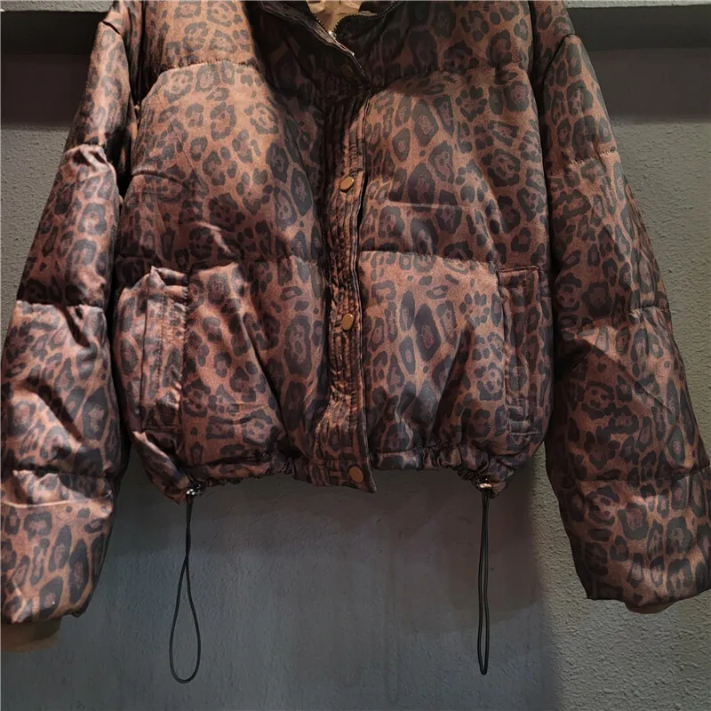 Deat casaco feminino padrão leopardo gola cordão algodão-acolchoado bolsos grossos jaquetas 2024 inverno nova moda 29l8921