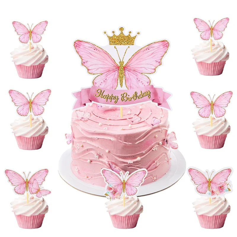 8 stücke lila rosa Schmetterling Kuchen Dekorationen alles Gute zum Geburtstag Kuchen Topper Hochzeit Geburtstags feier liefert Dessert Back dekoration
