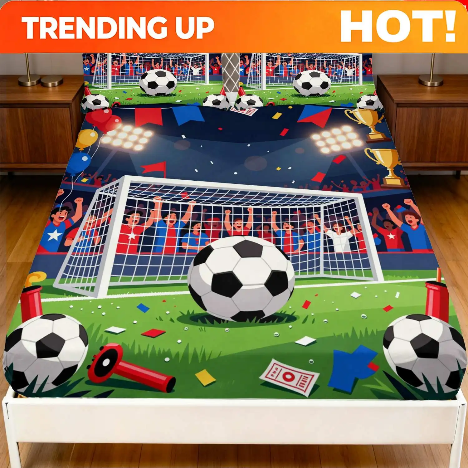 Customize 2/3pcs 2D Flat Printing Fitted Sheet + Sports Style, Football Theme Bedding, Green/Blue/Red, Soccer Ball/Stadium/Troph