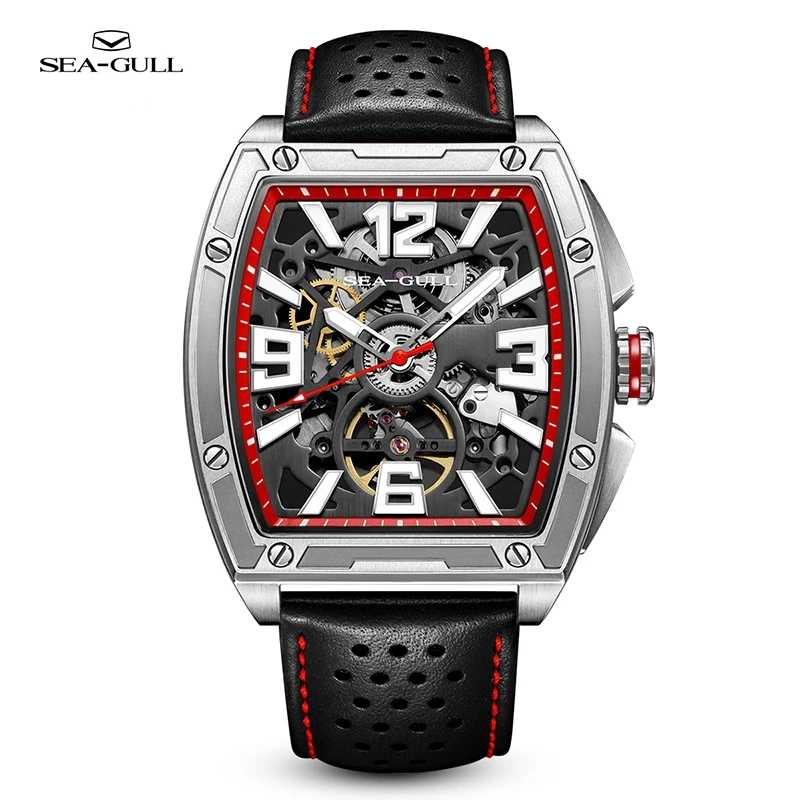 

2023 Seagull Watch Skeleton Tonneau Automatic Mechanical Wristwatch Sapphire Glass 50M Waterproof Leather Reloj Hombre 6166