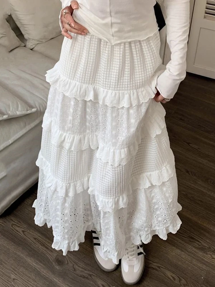 Jmprs Elegant Korean White Long Skirt Women Sweet Design Casual Skirts Fashion Preppy Style High Waist Female A Line Cake Skirt