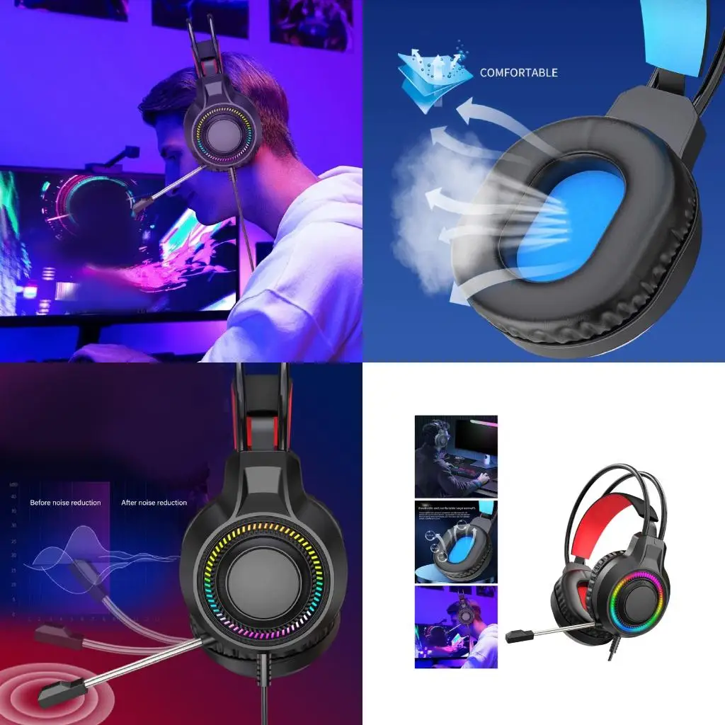 A52B Lighted USB Gaming Headsets Ergonomic Protein Ear Cushions AntiPressure Headbeam Design