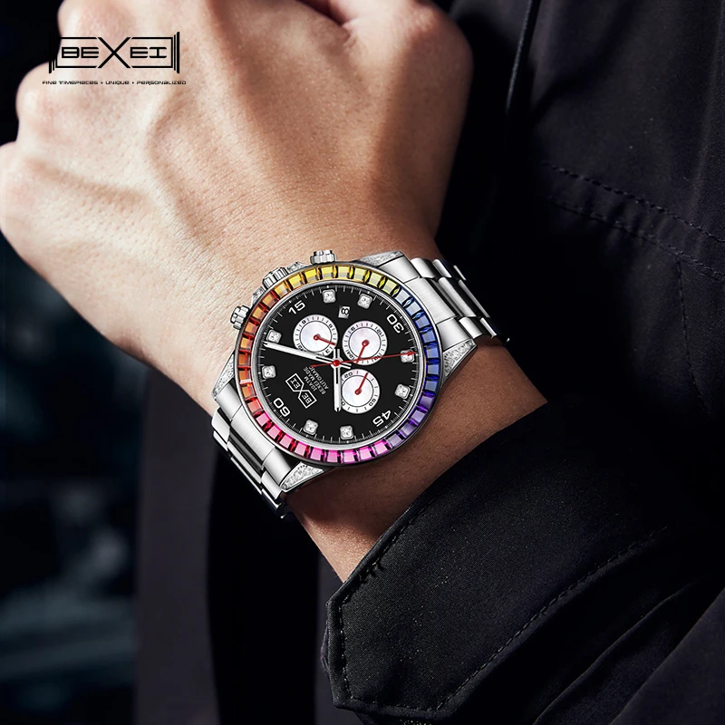 BEXEI 9150 Rainbow Crystal Bezel Automatic movement mechanical fashion Man watch Luxury  skeleton synthetic sapphire waterproof