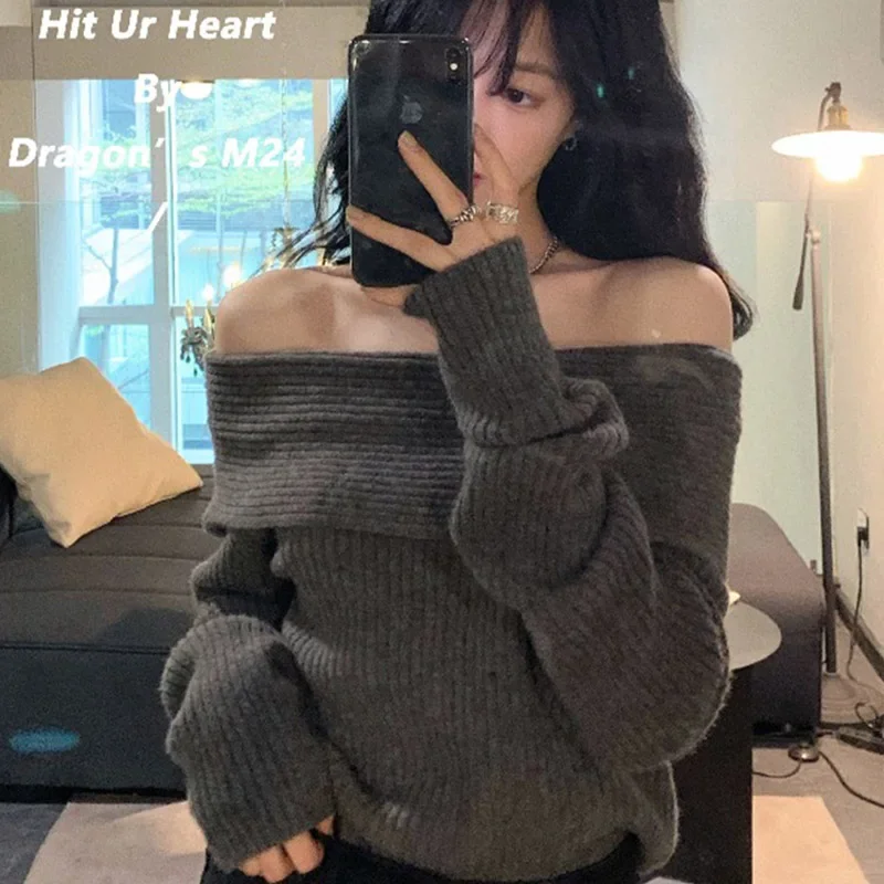 

Women Fashion Casual Slash Neck Sweaters Vintage Elegant Loose Warm Pullovers Autumn Winter Solid Simple Knit Jumper